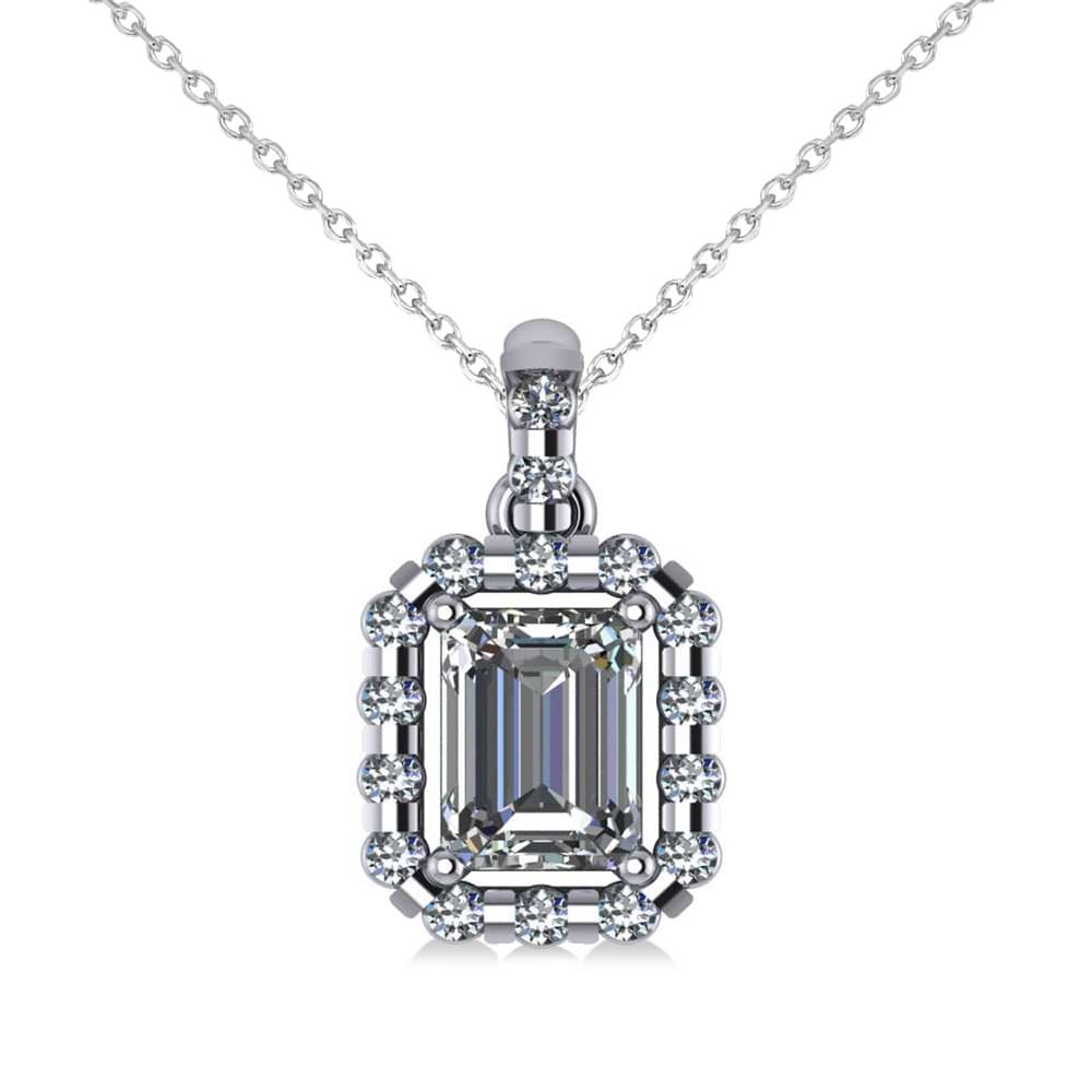Emerald-Cut Diamond Halo Pendant Necklace 14k White Gold (1.30ct)