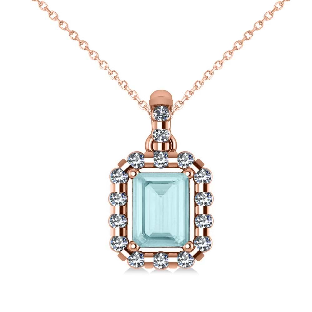 Diamond & Emerald Cut Aquamarine Halo Pendant Necklace 14k Rose Gold (1.04ct)