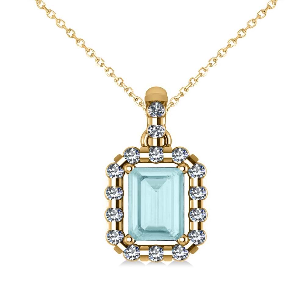 Diamond & Emerald Cut Aquamarine Halo Pendant Necklace 14k Yellow Gold (1.04ct)