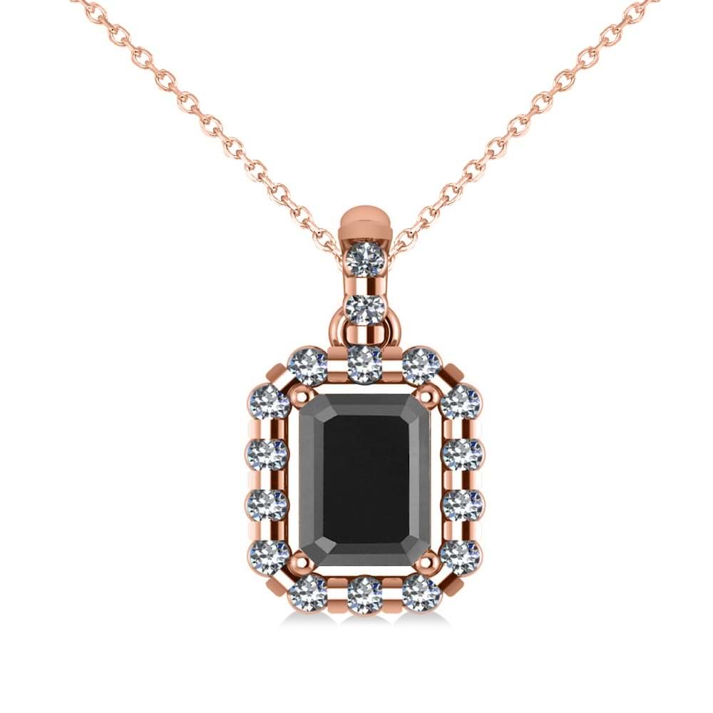Diamond & Emerald Cut Black Diamond Halo Pendant Necklace 14k Rose Gold (1.30ct)