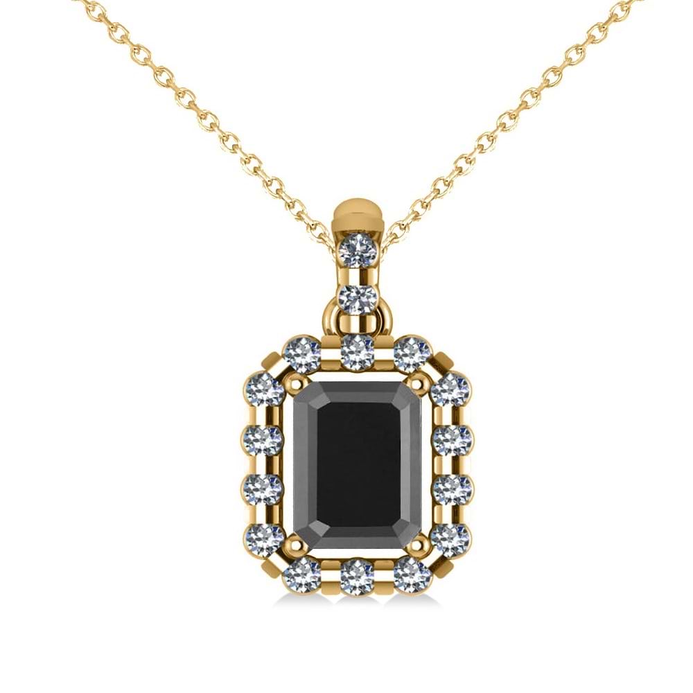Diamond & Emerald Cut Black Diamond Halo Pendant Necklace 14k Yellow Gold (1.30ct)