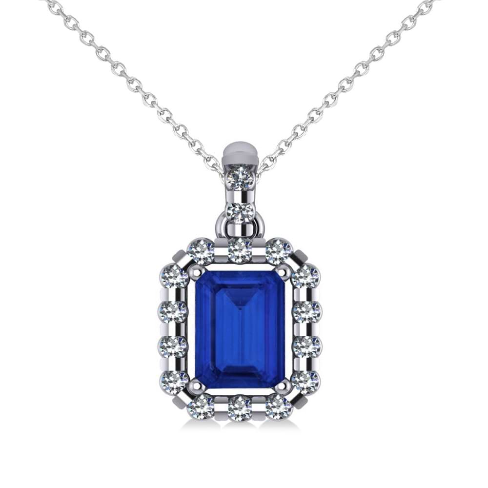 Diamond & Emerald Cut Blue Sapphire Halo Pendant 14k White Gold (1.39ct)