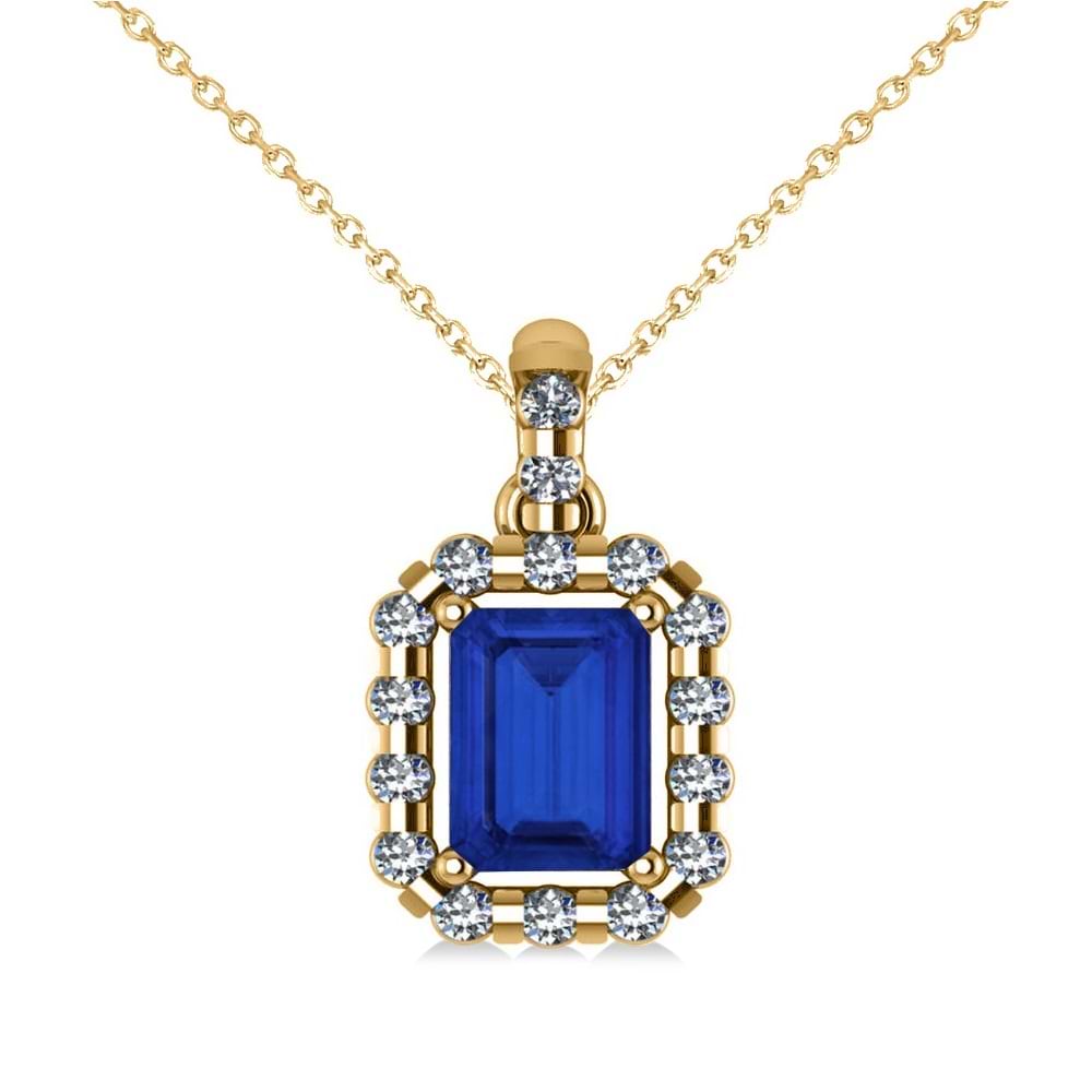 Diamond & Emerald Cut Blue Sapphire Halo Pendant Necklace 14k Yellow Gold (1.39ct)