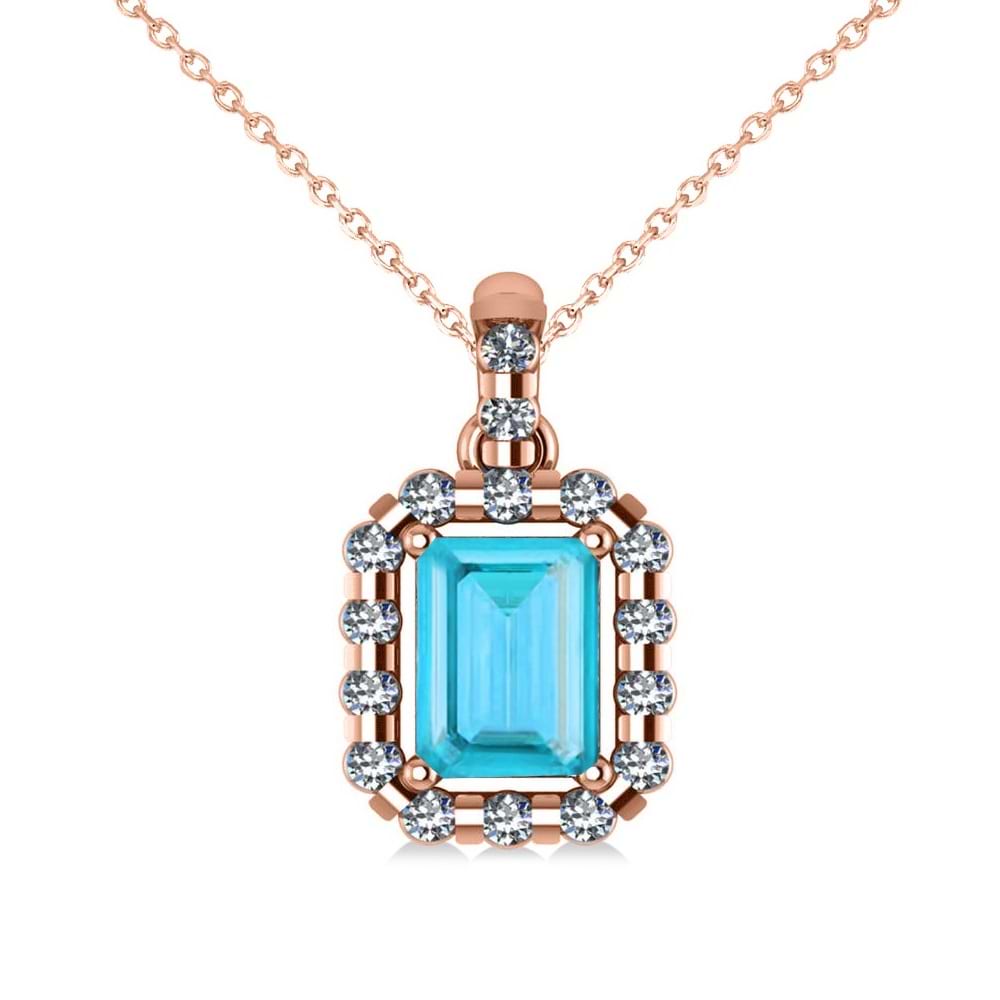 Diamond & Emerald Cut Blue Topaz Halo Pendant Necklace 14k Rose Gold (1.49ct)
