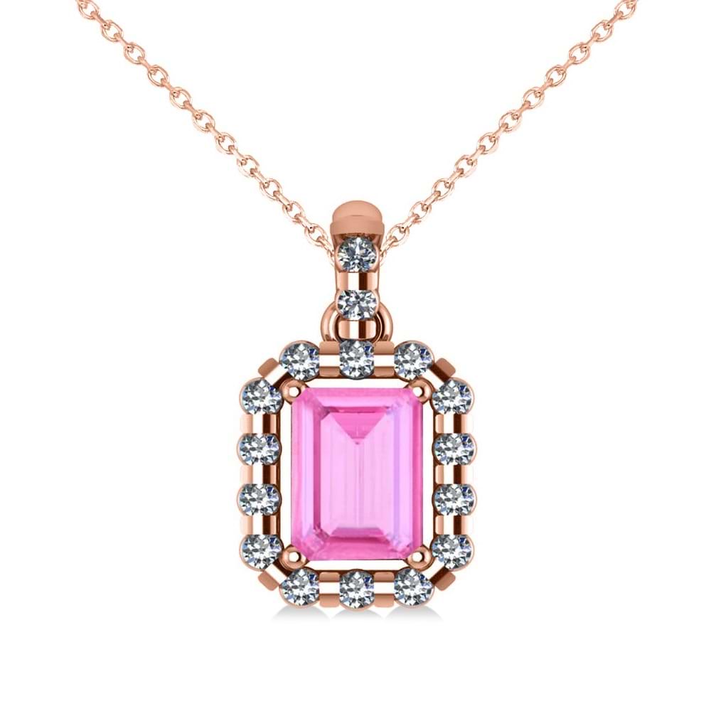 Diamond & Emerald Cut Pink Sapphire Halo Pendant Necklace 14k Rose Gold (1.39ct)