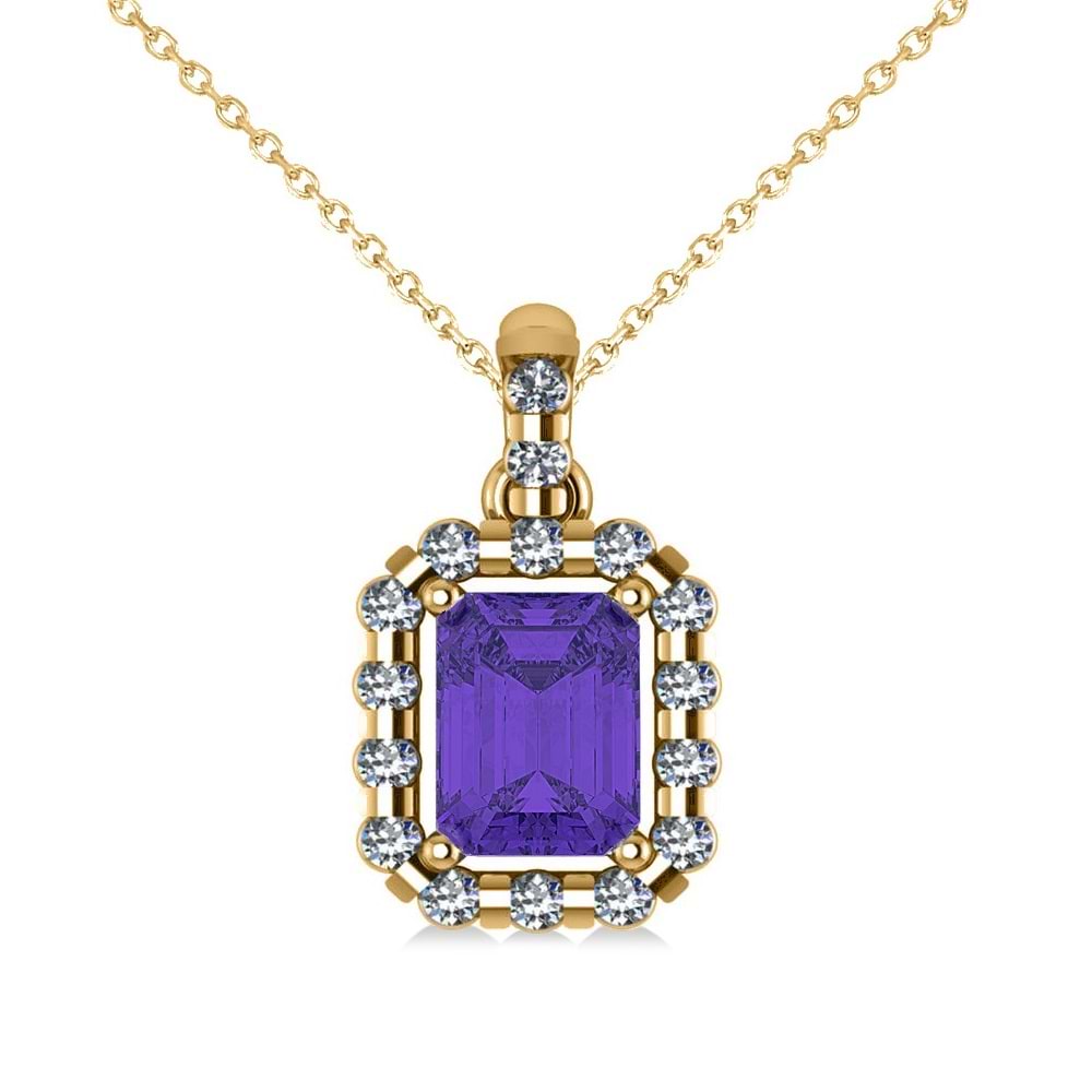 Diamond & Emerald Cut Tanzanite Halo Pendant Necklace 14k Yellow Gold (1.39ct)