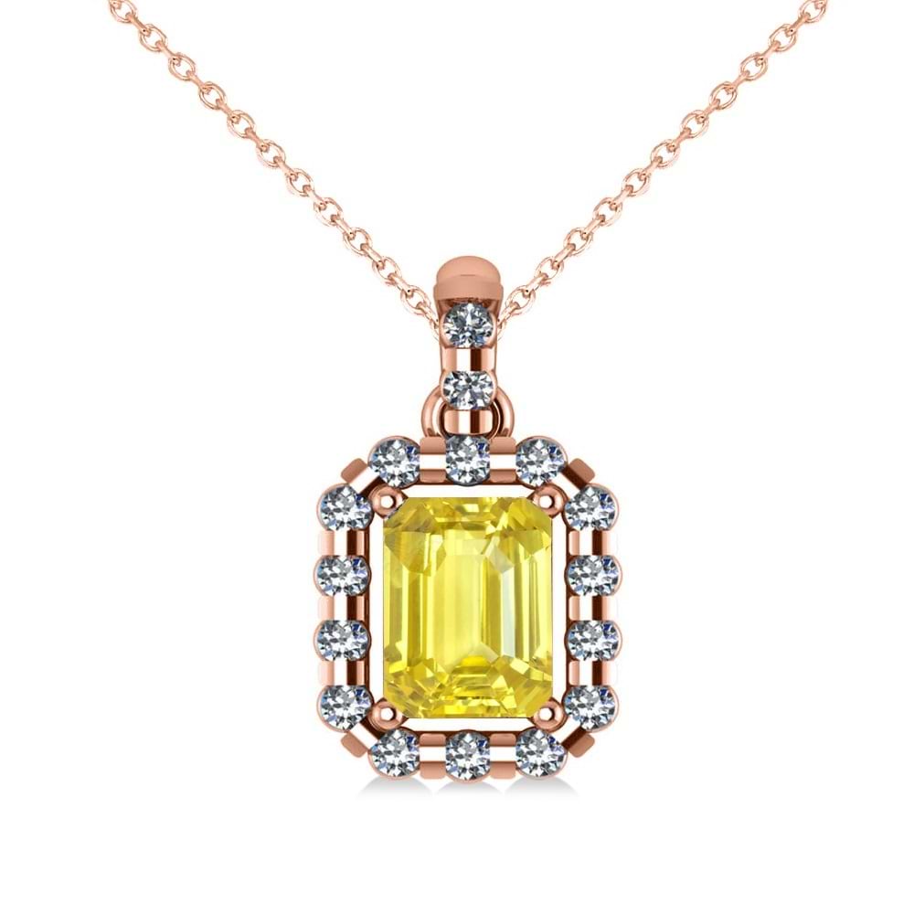 Diamond & Emerald Cut Yellow Sapphire Halo Pendant Necklace 14k Rose Gold (1.39ct)