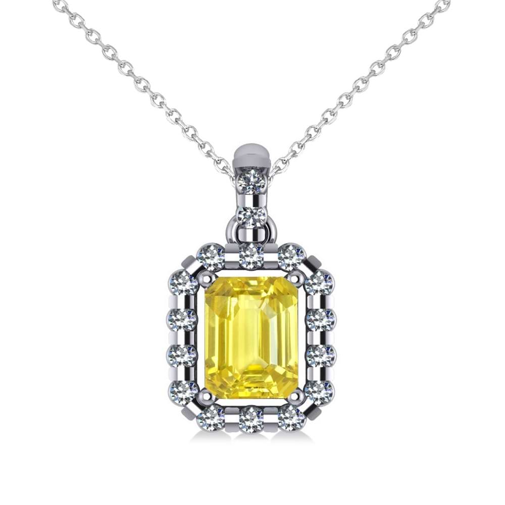 Diamond & Emerald Cut Yellow Sapphire Halo Pendant 14k White Gold (1.39ct)