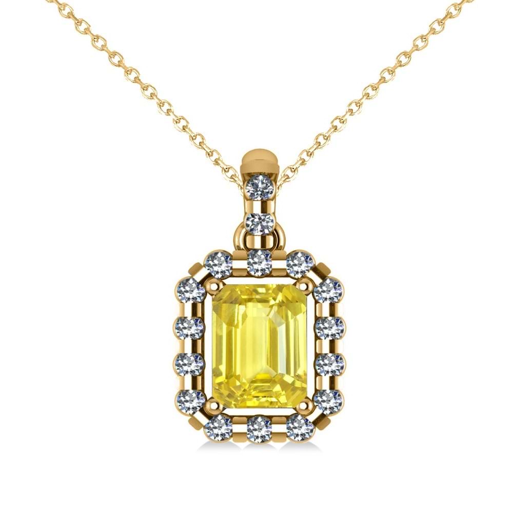 Diamond & Emerald Cut Yellow Sapphire Halo Pendant Necklace 14k Yellow Gold (1.39ct)
