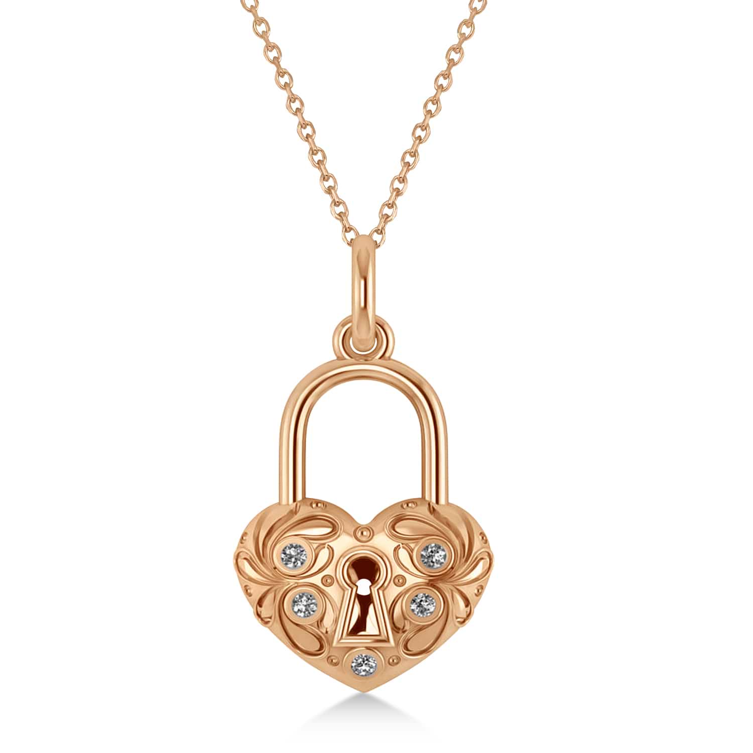 Diamond Heart Lock Pendant Necklace 14k Rose Gold (0.08ct)