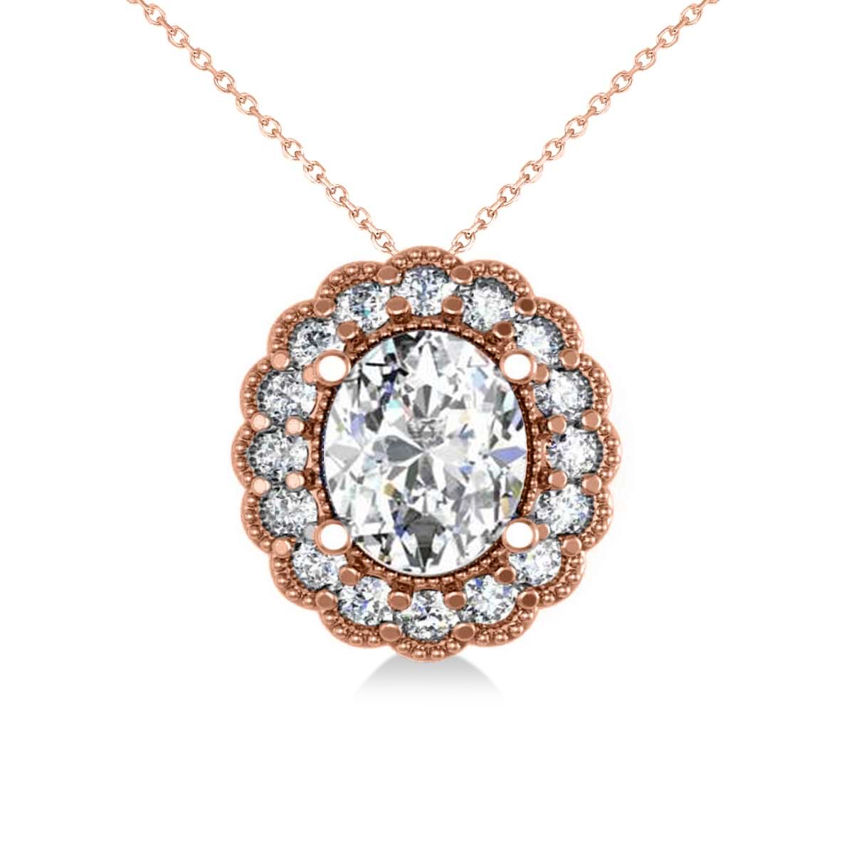 Diamond Floral Oval Halo Pendant Necklace 14k Rose Gold (2.48ct)