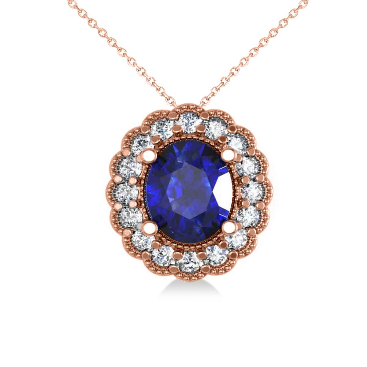 Blue Sapphire & Diamond Floral Oval Pendant 14k Rose Gold (2.98ct)