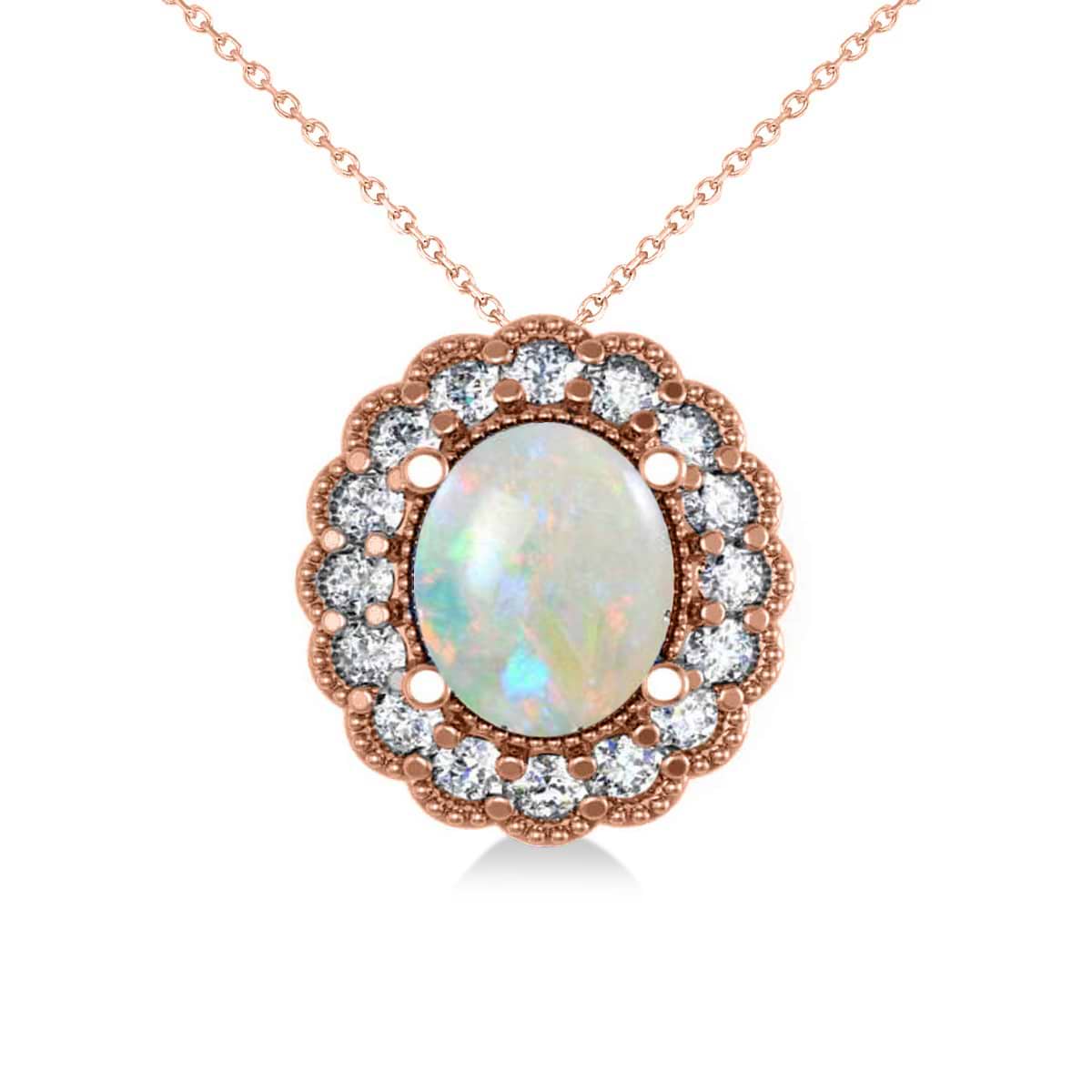 Opal & Diamond Floral Oval Pendant Necklace 14k Rose Gold (2.98ct)