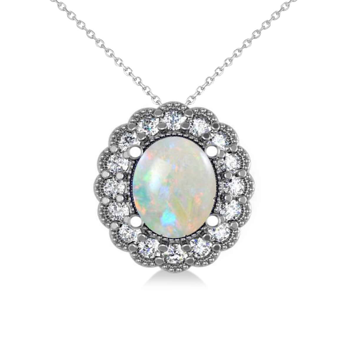 Opal & Diamond Floral Oval Pendant 14k White Gold (2.98ct)