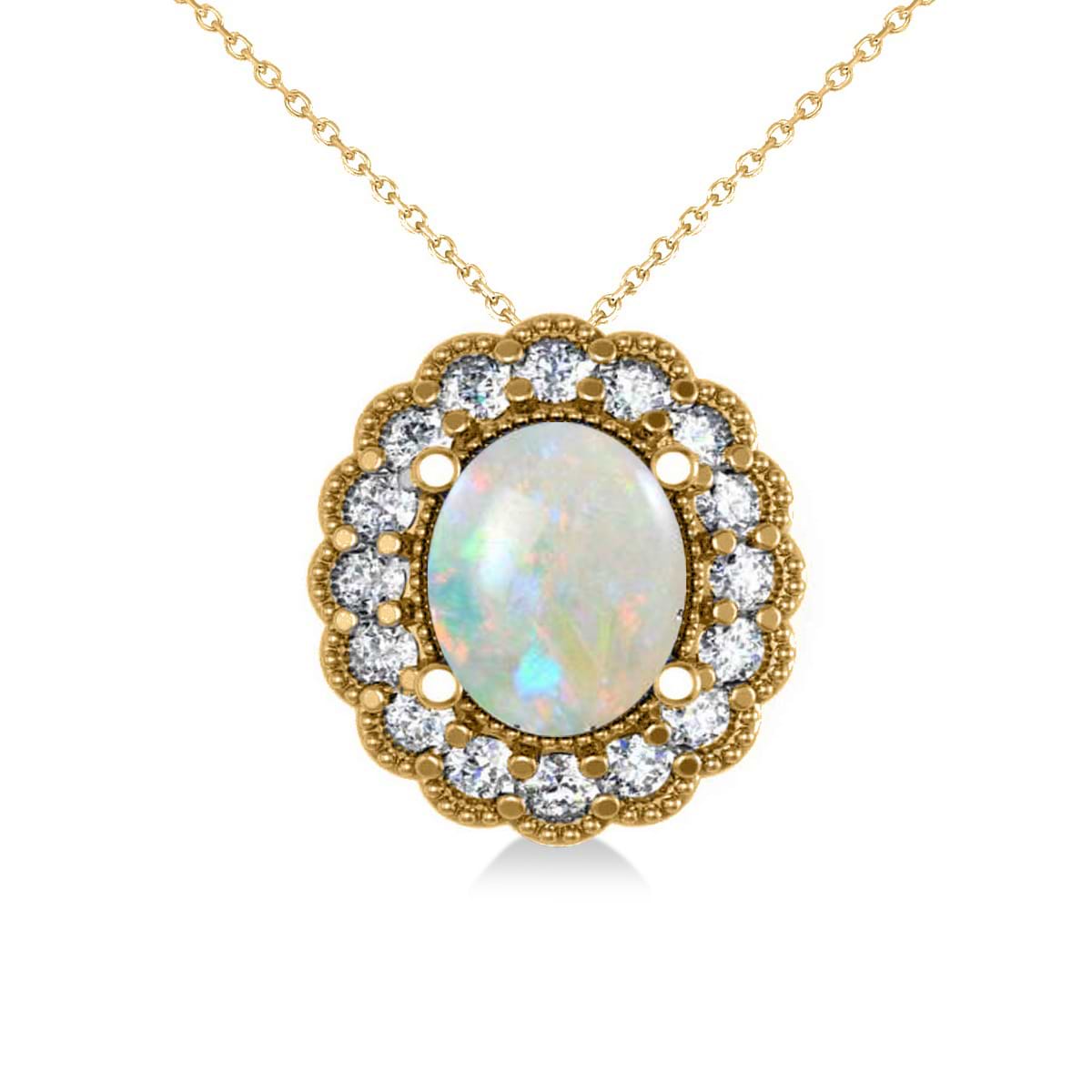 Opal & Diamond Floral Oval Pendant Necklace 14k Yellow Gold (2.98ct)