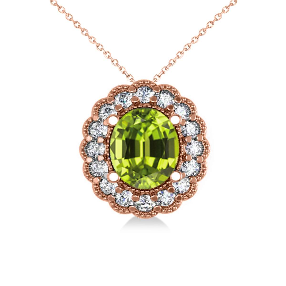 Peridot & Diamond Floral Oval Pendant Necklace 14k Rose Gold (2.98ct)