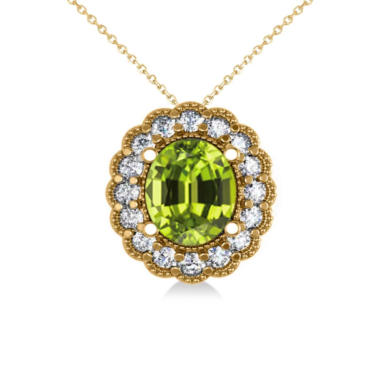 Peridot & Diamond Floral Oval Pendant Necklace 14k Yellow Gold (2.98ct)