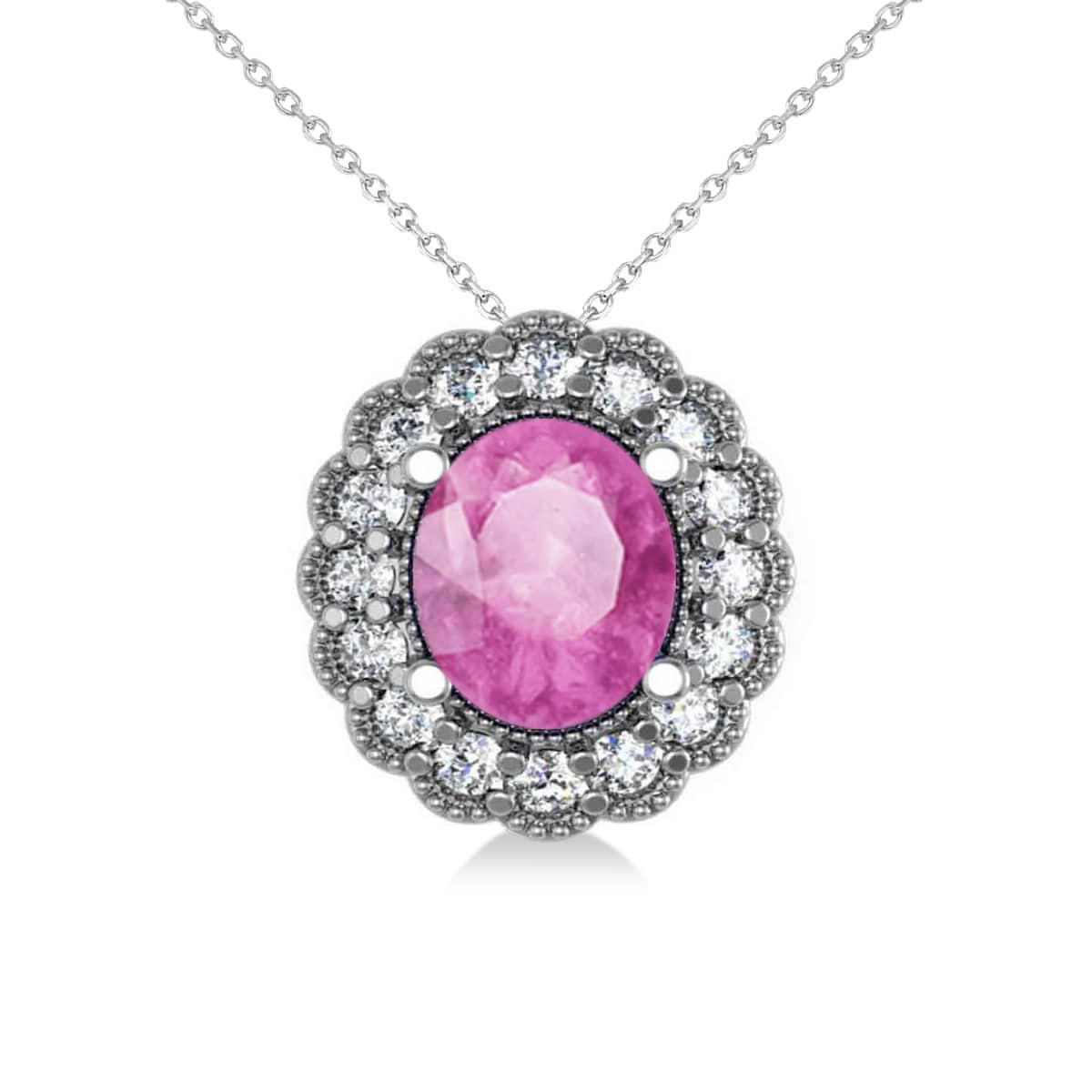 Pink Sapphire & Diamond Floral Oval Pendant 14k White Gold (2.98ct)