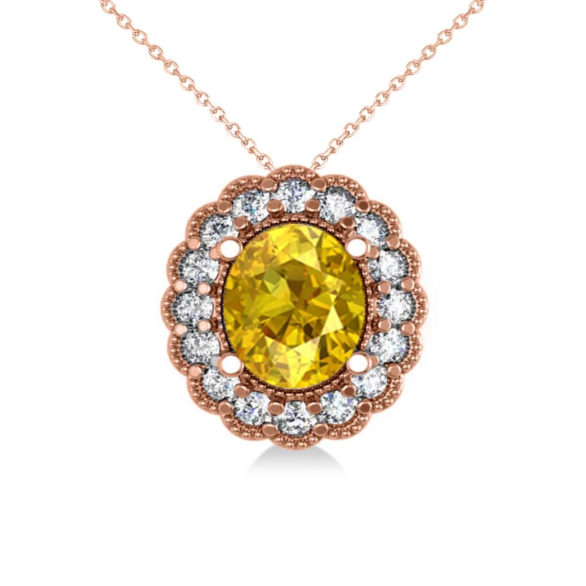 Yellow Sapphire & Diamond Floral Oval Pendant Necklace 14k Rose Gold (2.98ct)