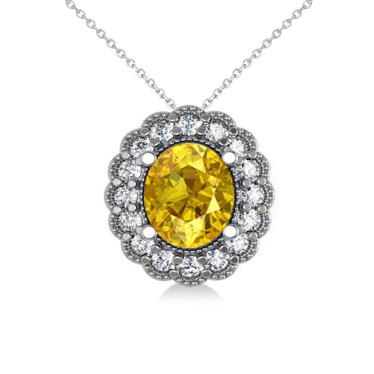 Yellow Sapphire & Diamond Floral Oval Pendant 14k White Gold (2.98ct)