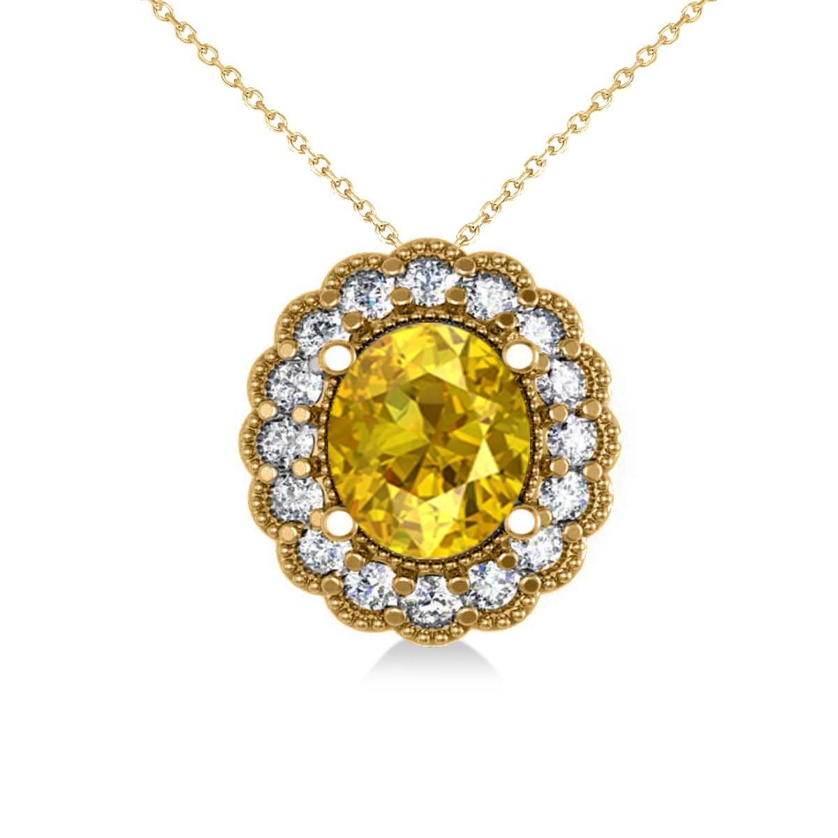 Yellow Sapphire & Diamond Floral Oval Pendant Necklace 14k Yellow Gold (2.98ct)