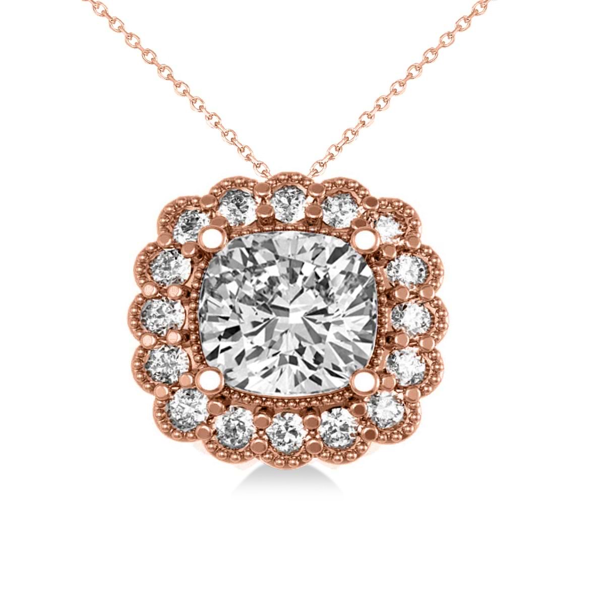 Diamond Floral Cushion Pendant Necklace 14k Rose Gold (2.52ct)