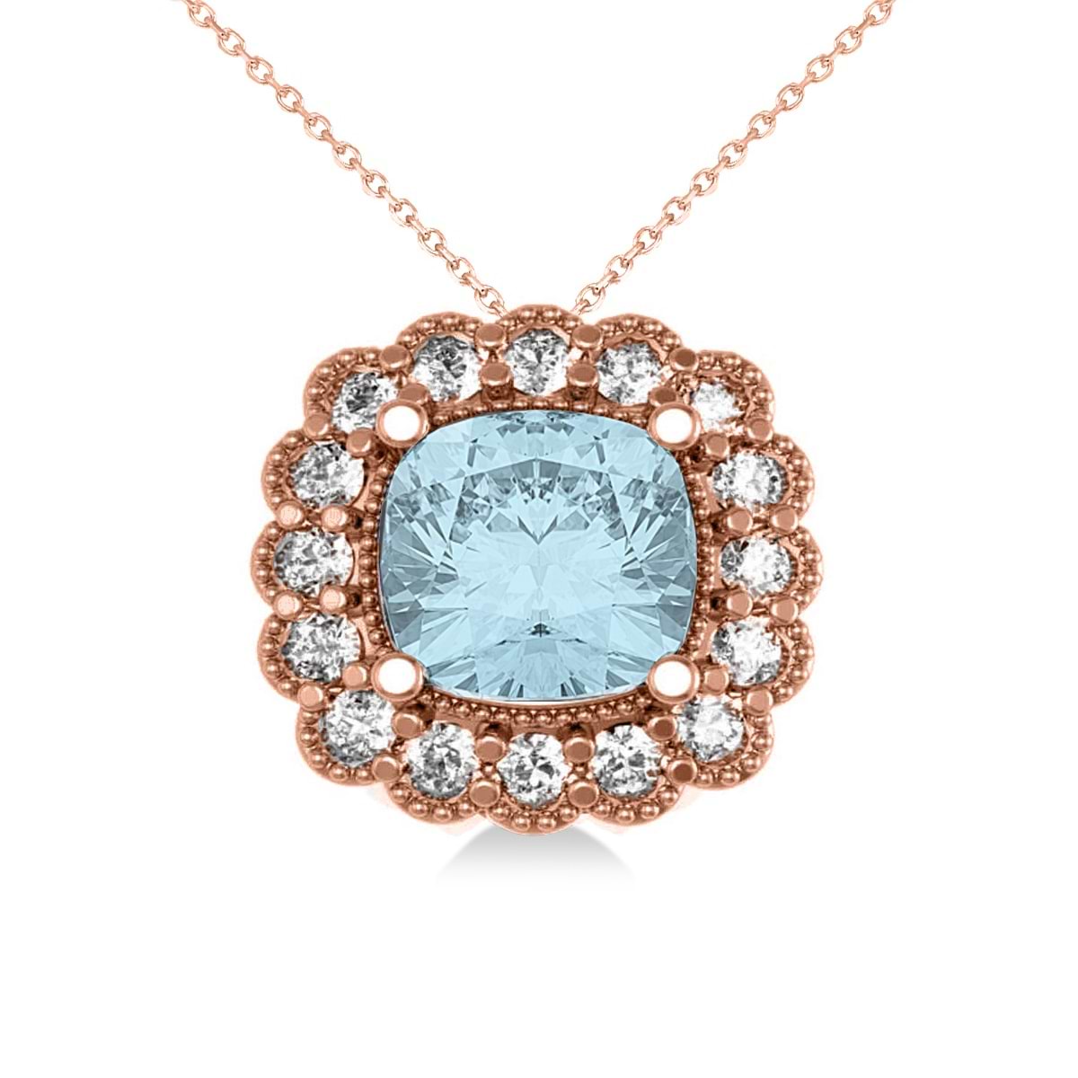Aquamarine & Diamond Floral Cushion Pendant Necklace 14k Rose Gold (2.41ct)
