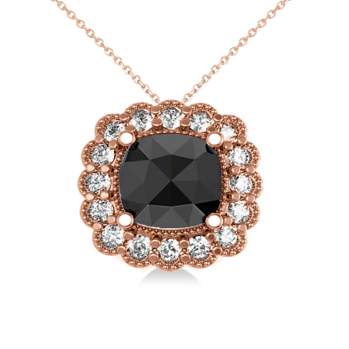 Black Diamond & Diamond Floral Cushion Pendant Necklace 14k Rose Gold (2.52ct)
