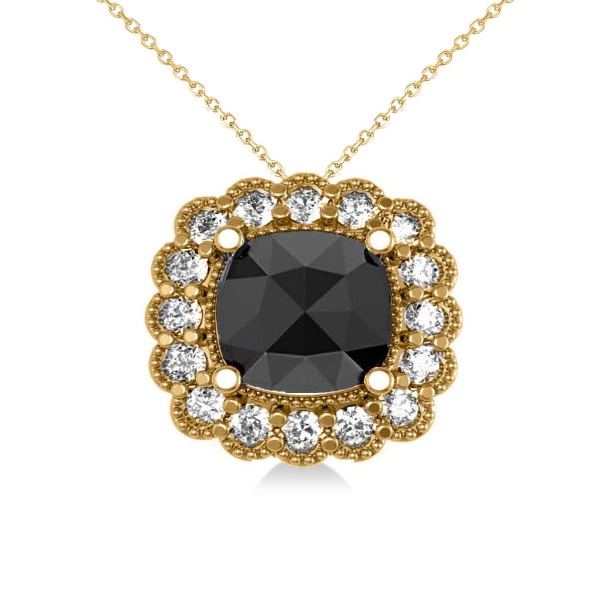 Black Diamond & Diamond Floral Cushion Pendant Necklace 14k Yellow Gold (2.52ct)