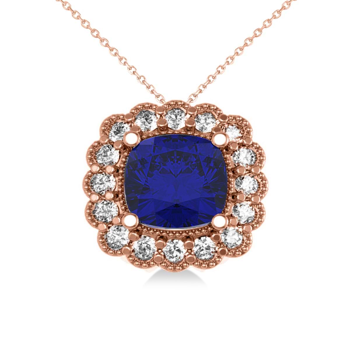 Blue Sapphire & Diamond Floral Cushion Pendant Necklace 14k Rose Gold (3.16ct)