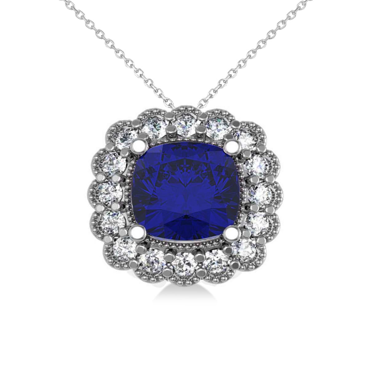 Blue Sapphire & Diamond Floral Cushion Pendant Necklace 14k White Gold (3.16ct)