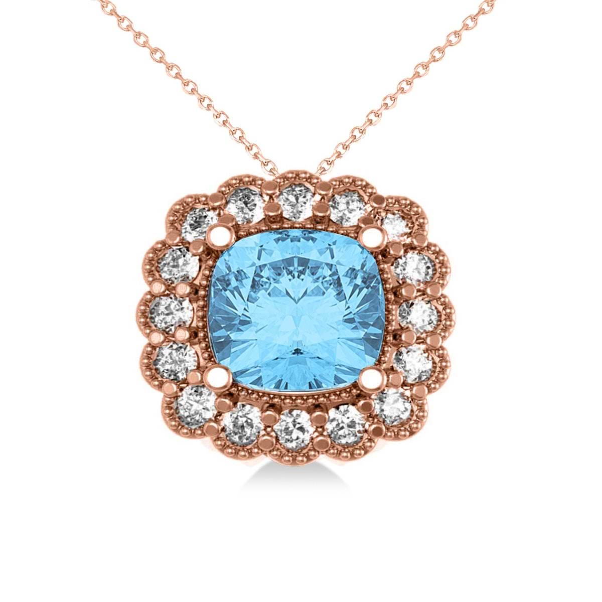 Blue Topaz & Diamond Floral Cushion Pendant Necklace 14k Rose Gold (3.28ct)