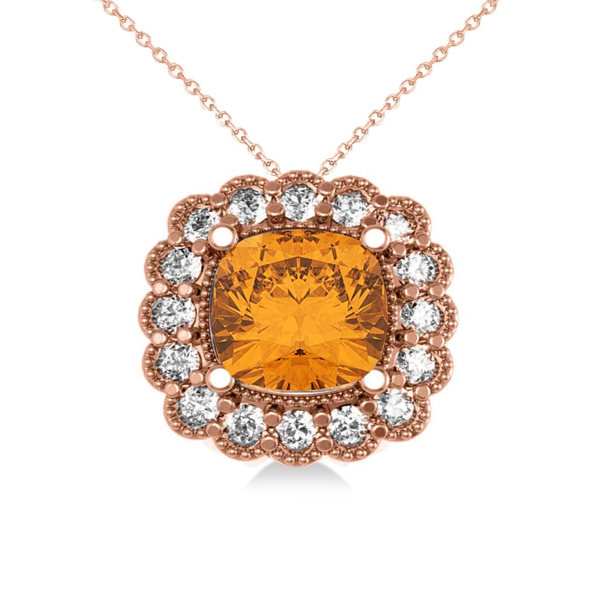 Citrine & Diamond Floral Cushion Pendant Necklace 14k Rose Gold (2.43ct)