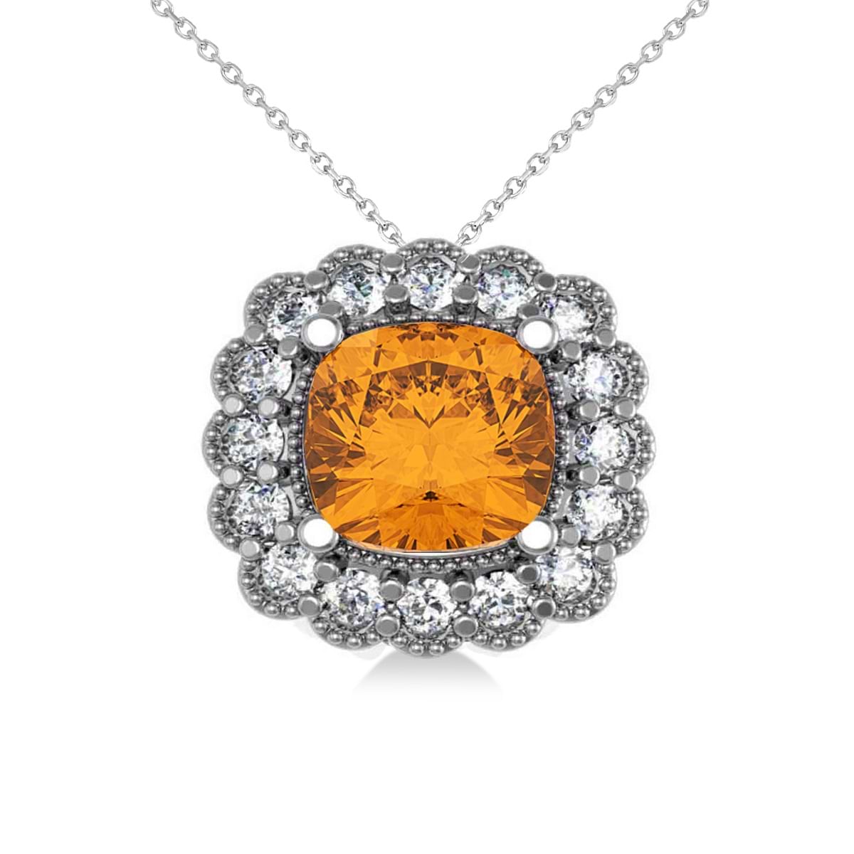 Citrine & Diamond Floral Cushion Pendant Necklace 14k White Gold (2.43ct)