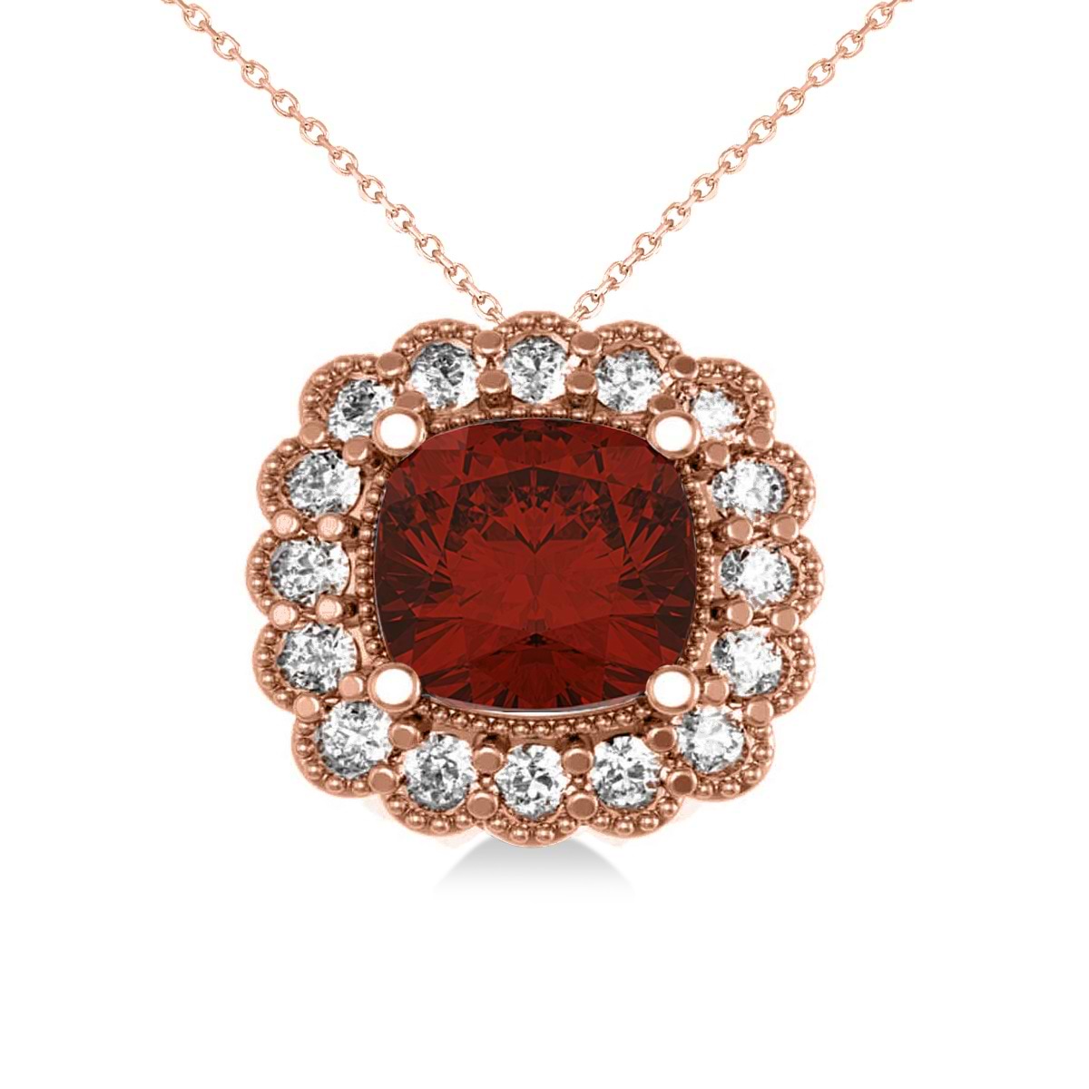 Garnet & Diamond Floral Cushion Pendant Necklace 14k Rose Gold (3.23ct)