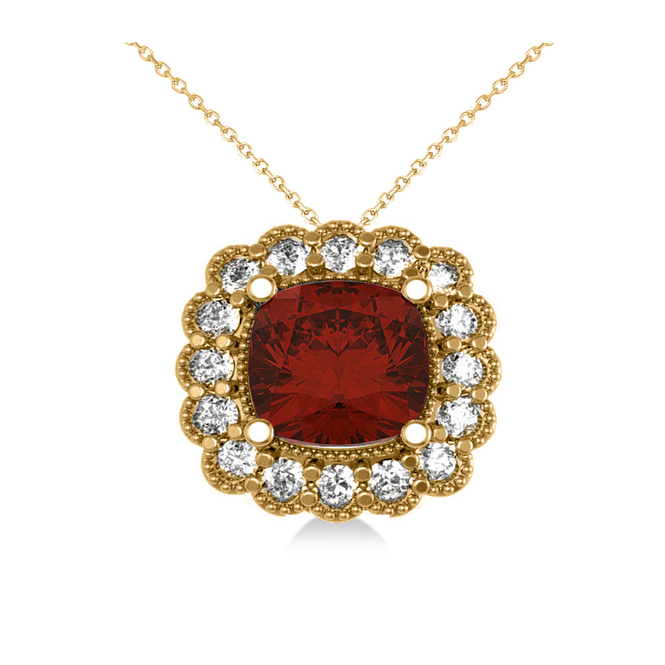 Garnet & Diamond Floral Cushion Pendant Necklace 14k Yellow Gold (3.23ct)