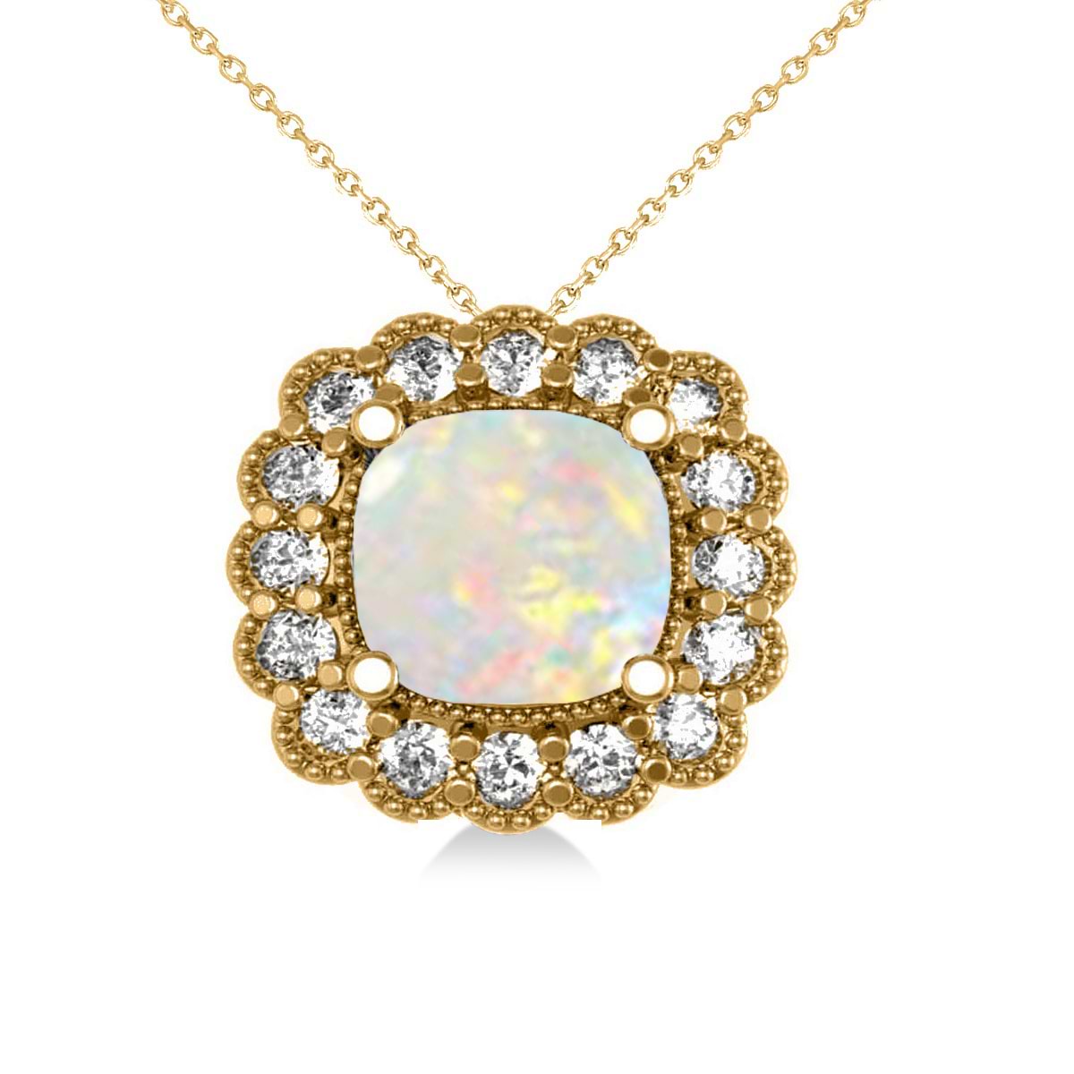 Opal & Diamond Floral Cushion Pendant Necklace 14k Yellow Gold (1.68ct)