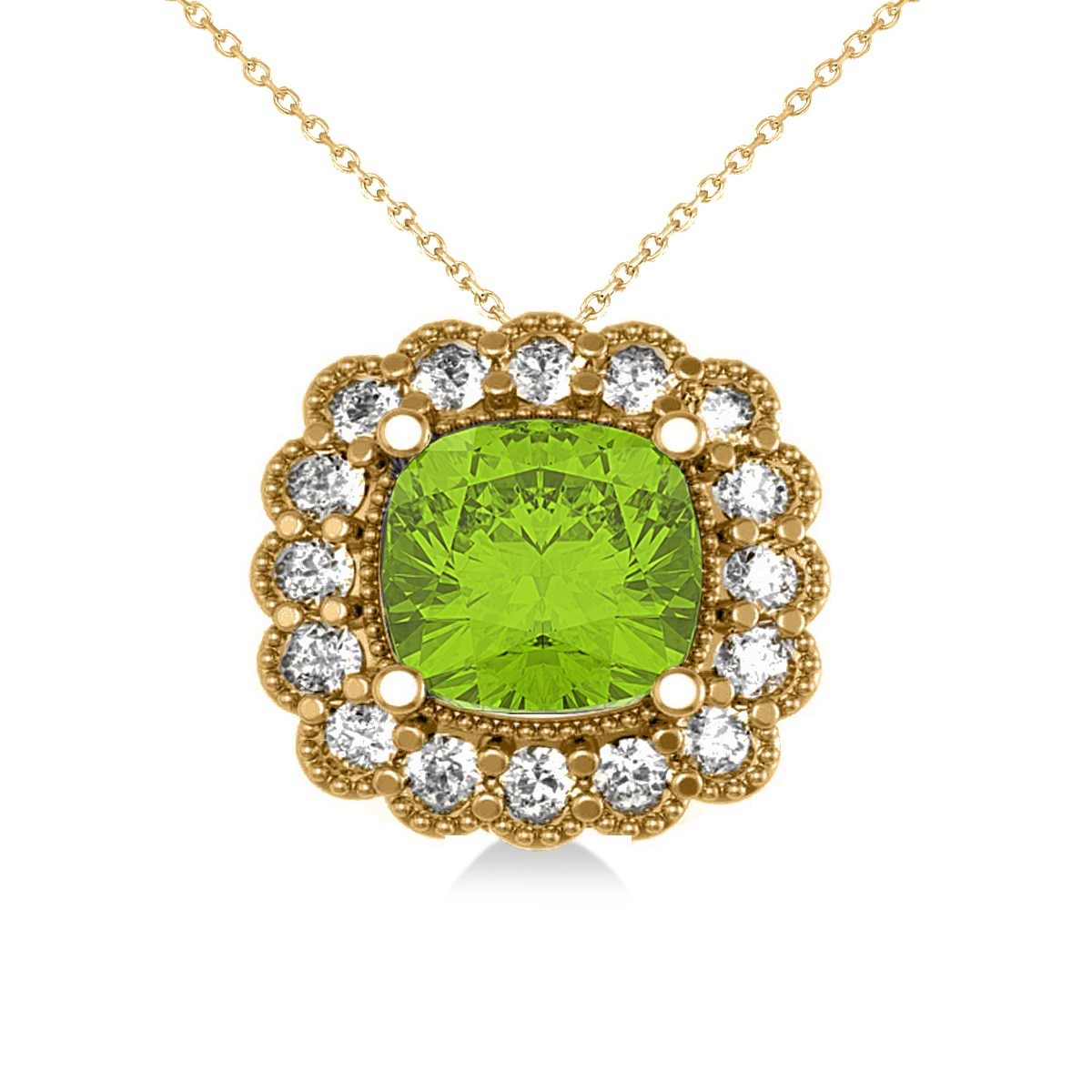 Peridot & Diamond Floral Cushion Pendant Necklace 14k Yellow Gold (2.88ct)