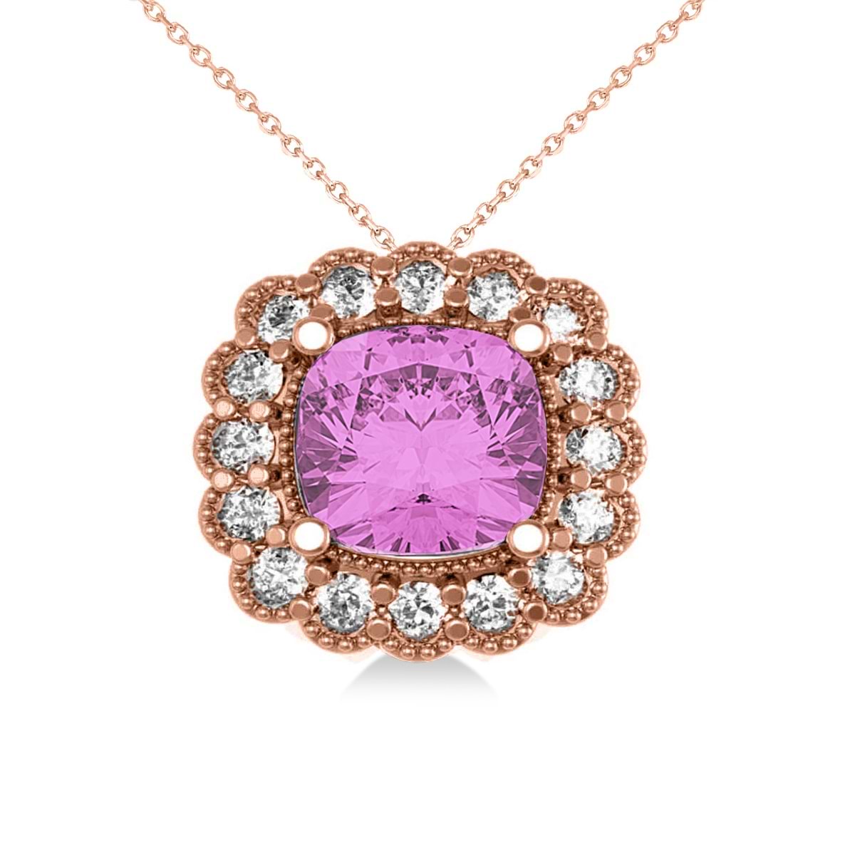 Pink Sapphire & Diamond Floral Cushion Pendant Necklace 14k Rose Gold (3.16ct)