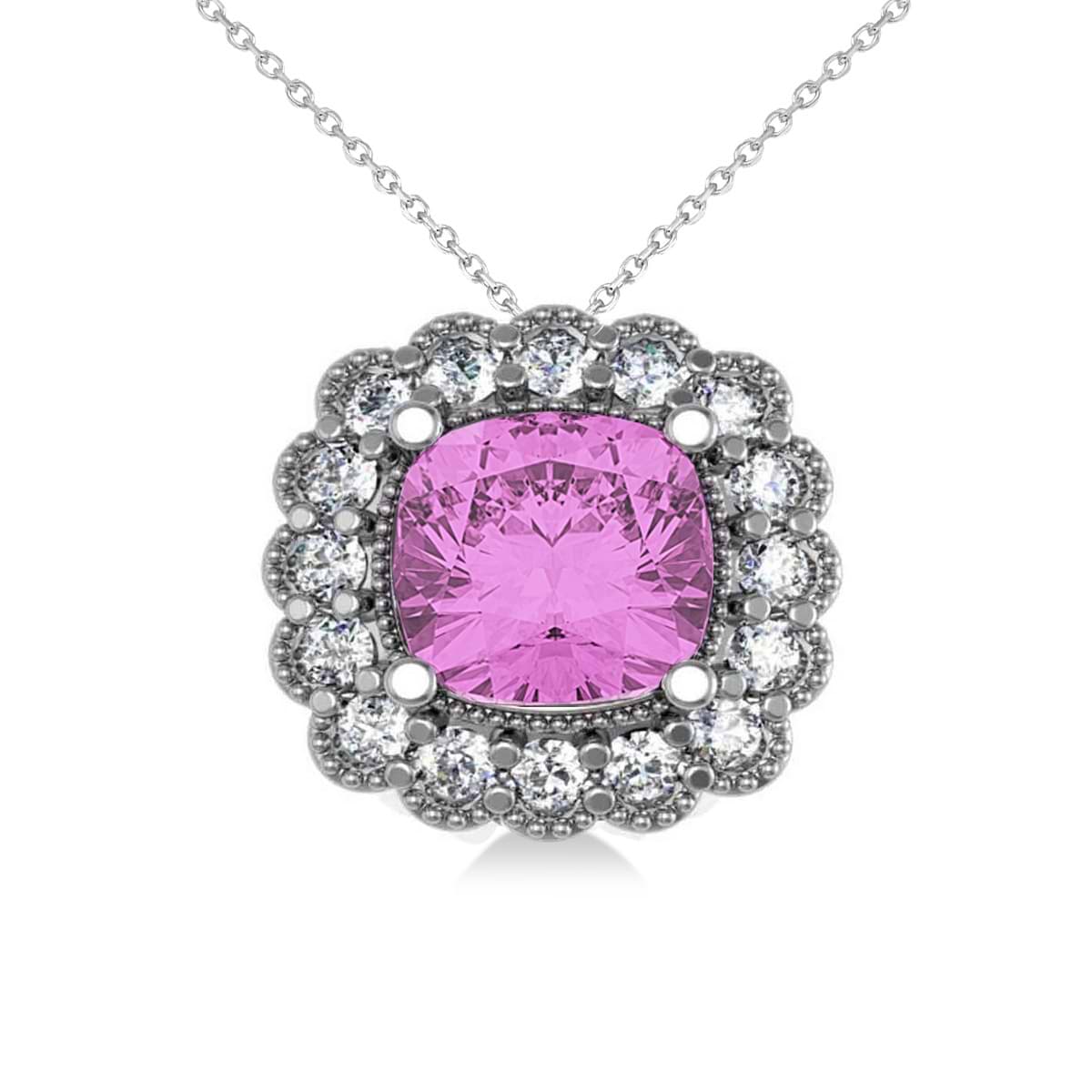 Pink Sapphire & Diamond Floral Cushion Pendant Necklace 14k White Gold (3.16ct)