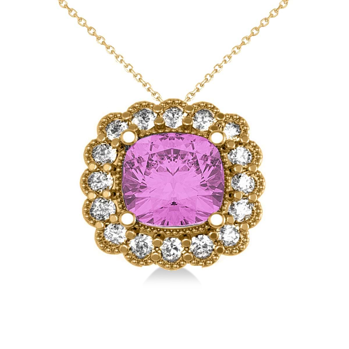 Pink Sapphire & Diamond Floral Cushion Pendant Necklace 14k Yellow Gold (3.16ct)