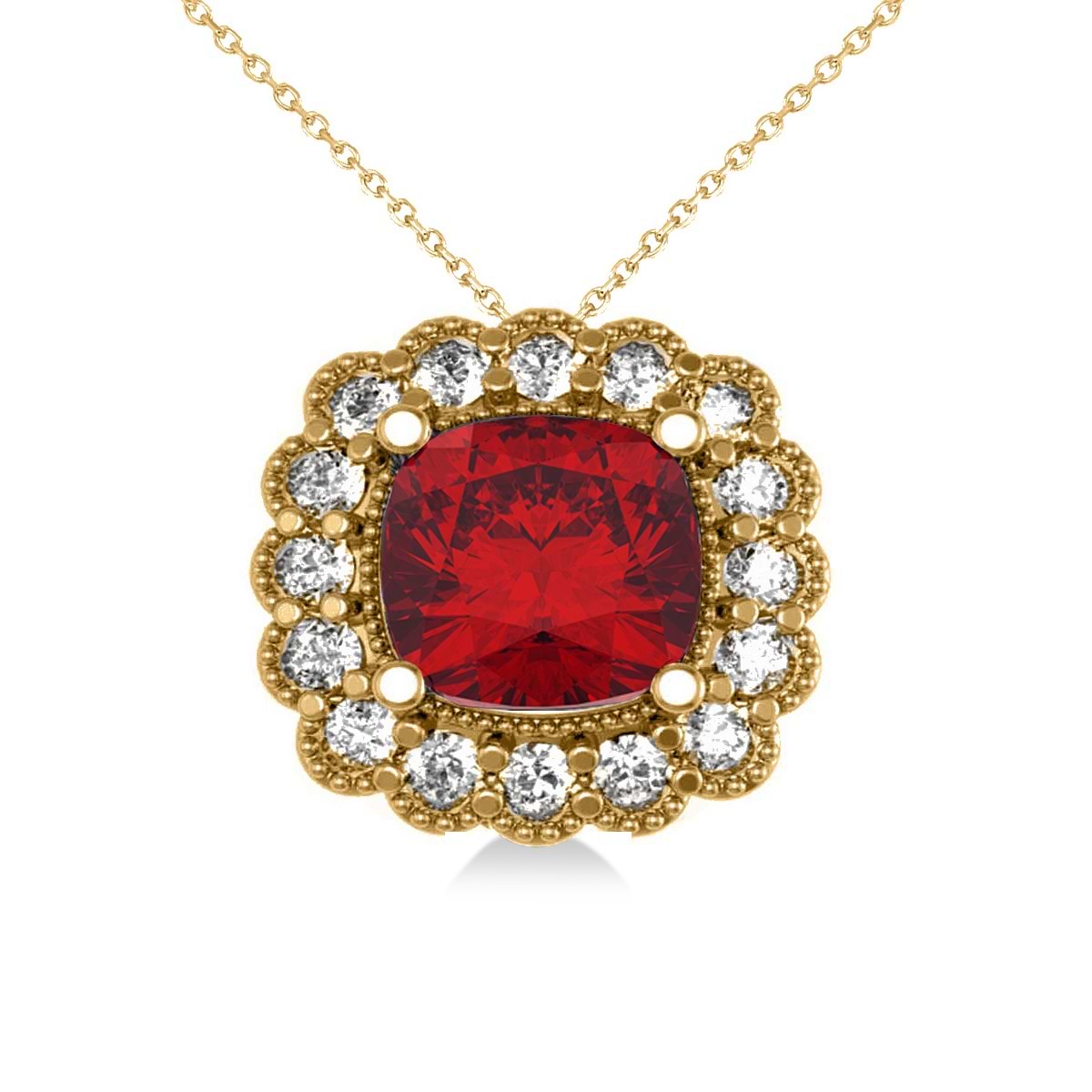 Ruby & Diamond Floral Cushion Pendant Necklace 14k Yellow Gold (3.16ct)
