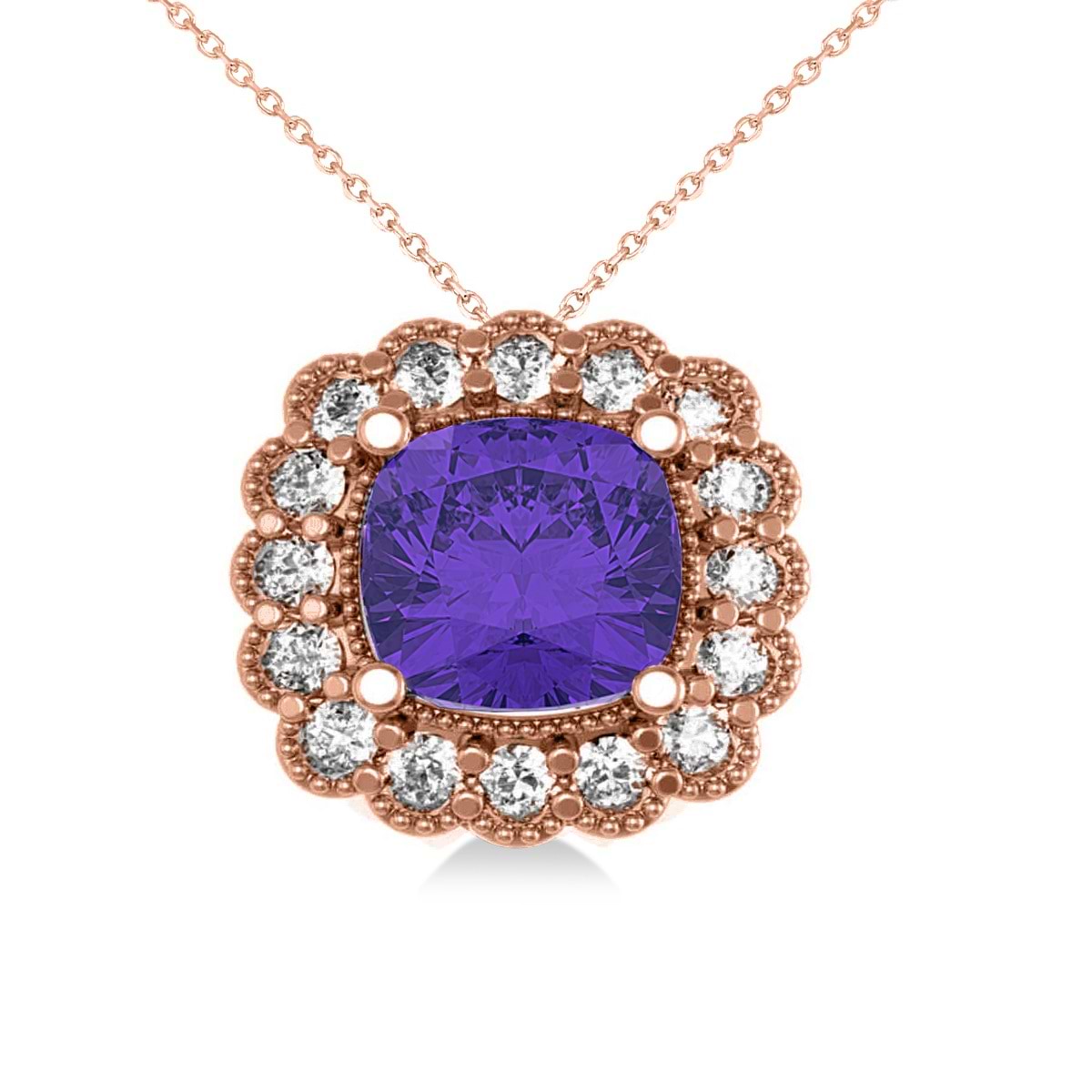 Tanzanite & Diamond Floral Cushion Pendant Necklace 14k Rose Gold (2.91ct)