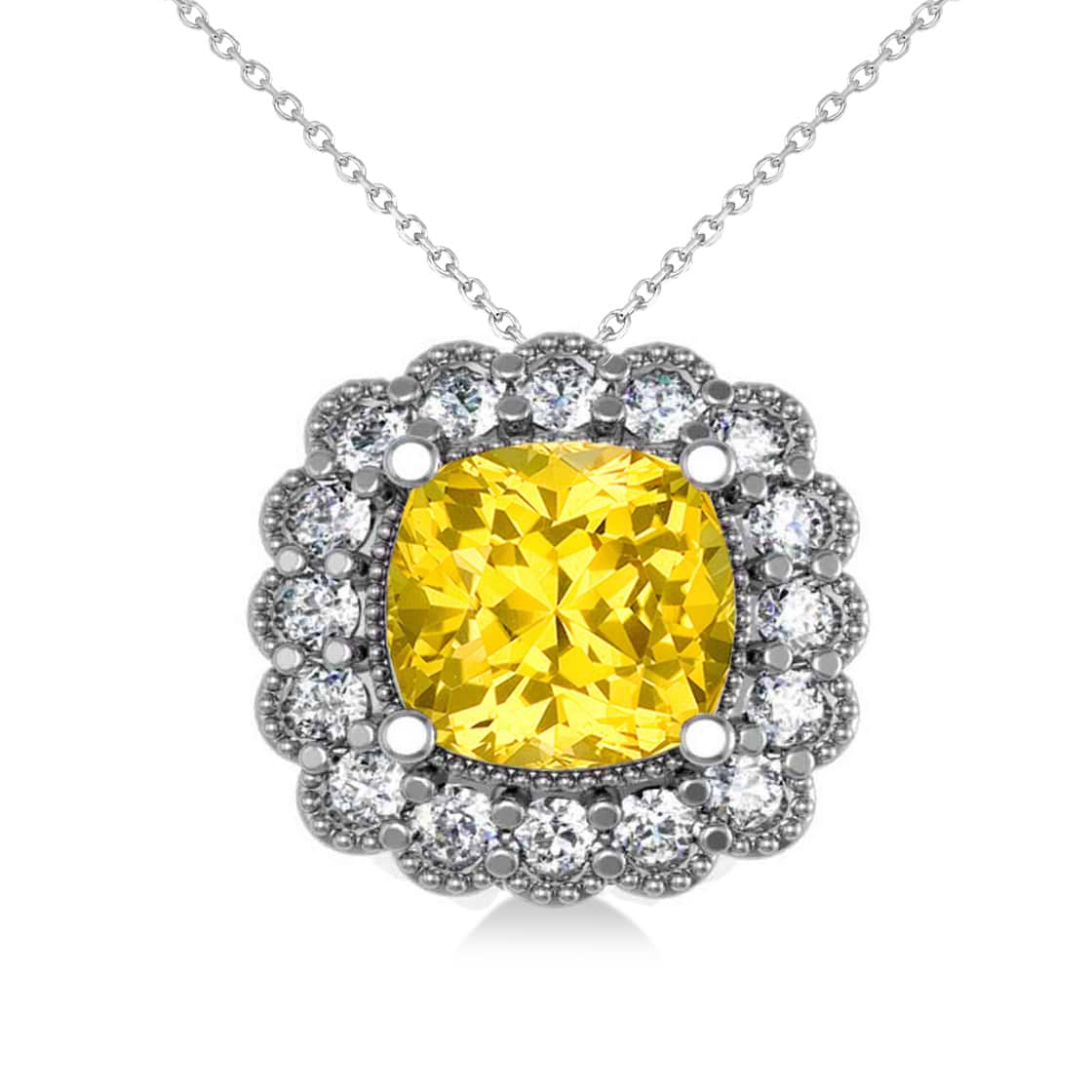 Yellow Sapphire & Diamond Floral Cushion Pendant Necklace 14k White Gold (3.16ct)