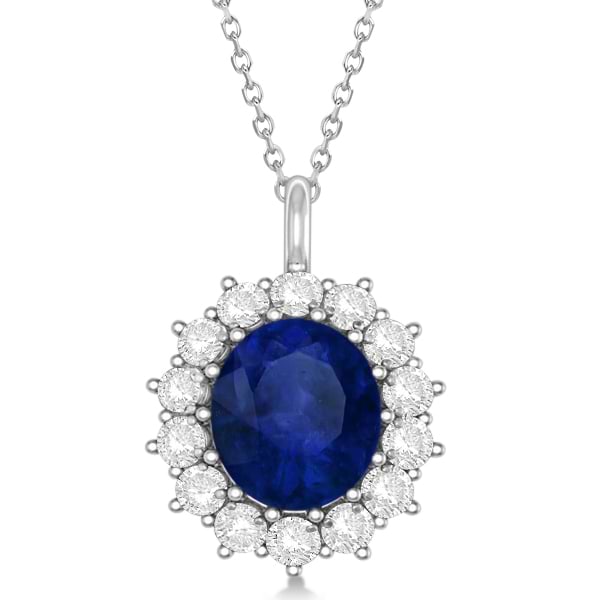 Oval Blue Sapphire & Diamond Pendant Necklace 14k White Gold (5.40ctw)