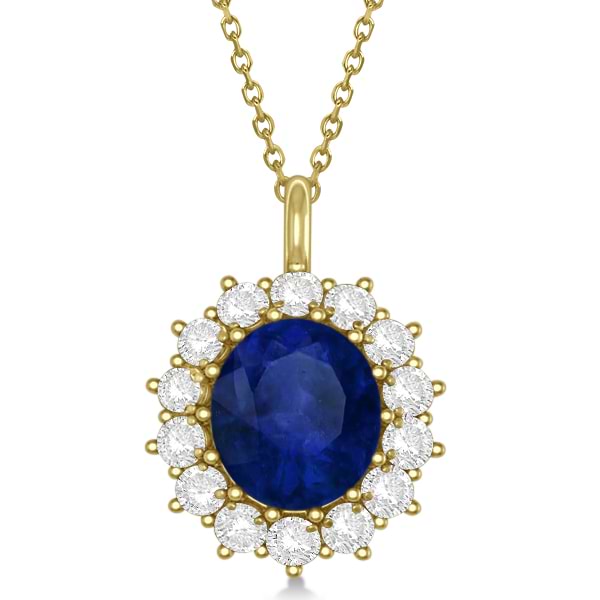 Oval Lab Blue Sapphire & Diamond Pendant Necklace 14k Yellow Gold 5.40ctw