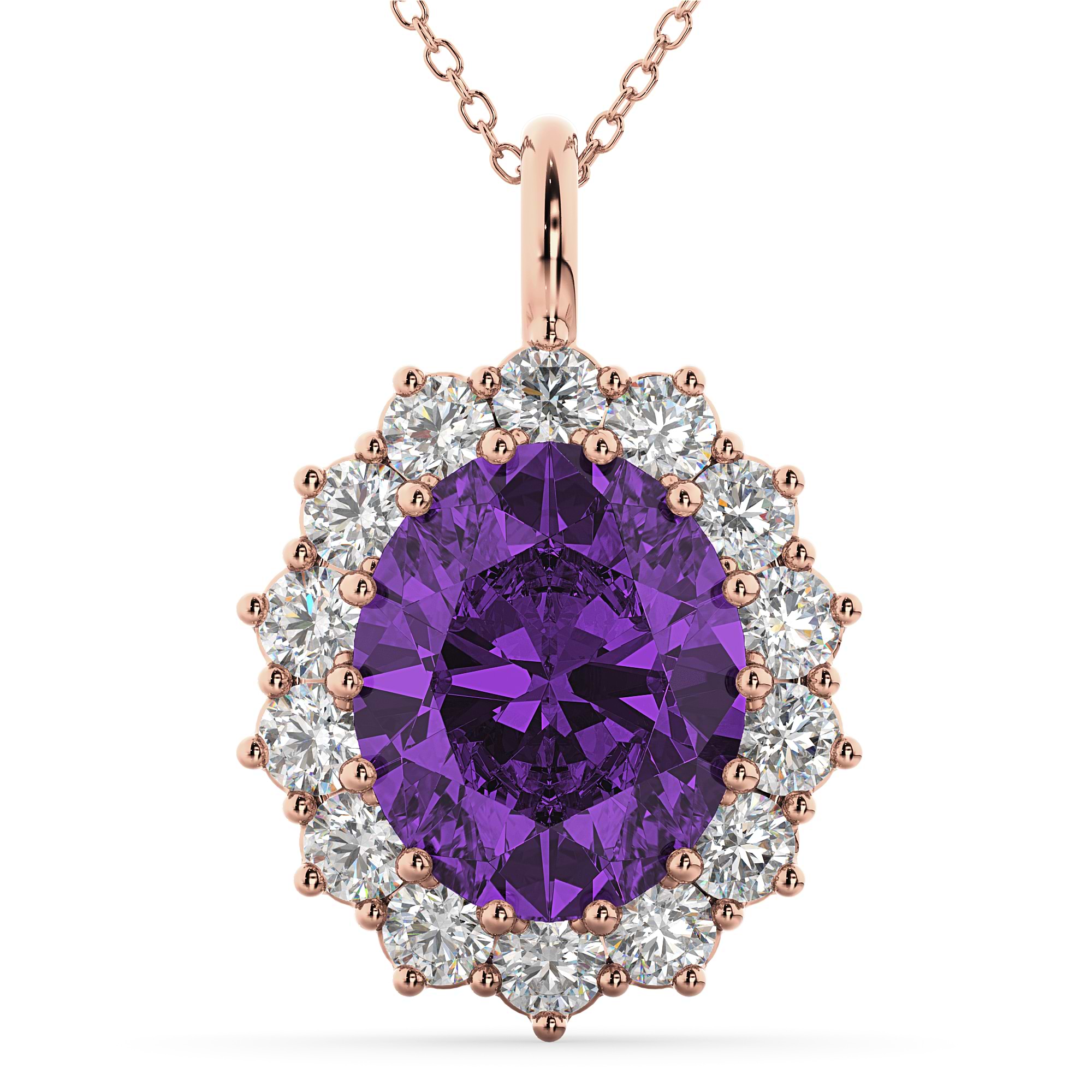 Oval Amethyst & Diamond Halo Pendant Necklace 14k Rose Gold (6.40ct)