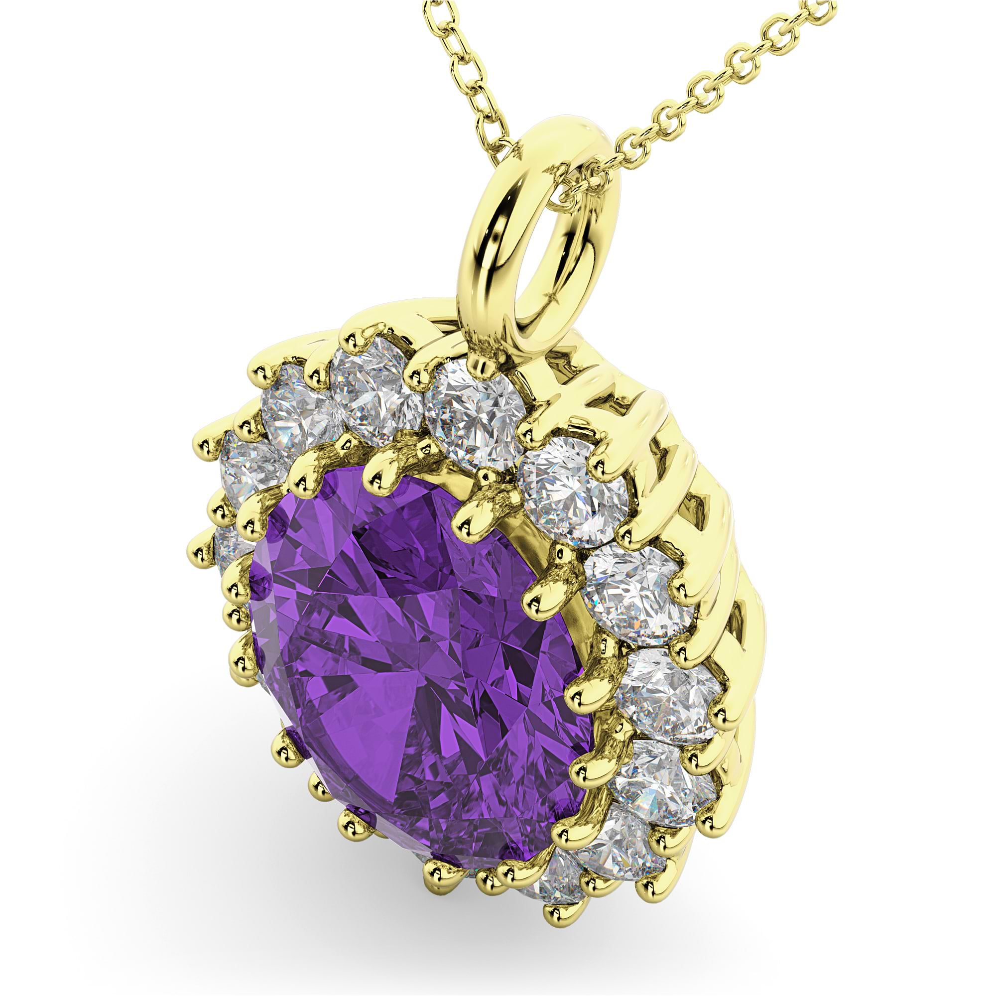 Oval Amethyst & Diamond Halo Pendant Necklace 14k Yellow Gold 6.40