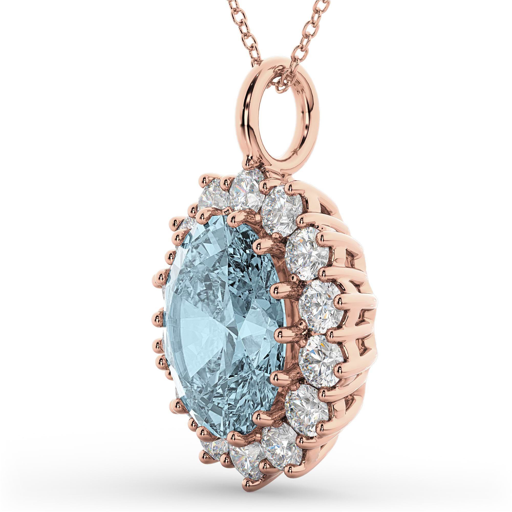 Oval Aquamarine & Diamond Halo Pendant Necklace 14k Rose Gold (6.40ct)