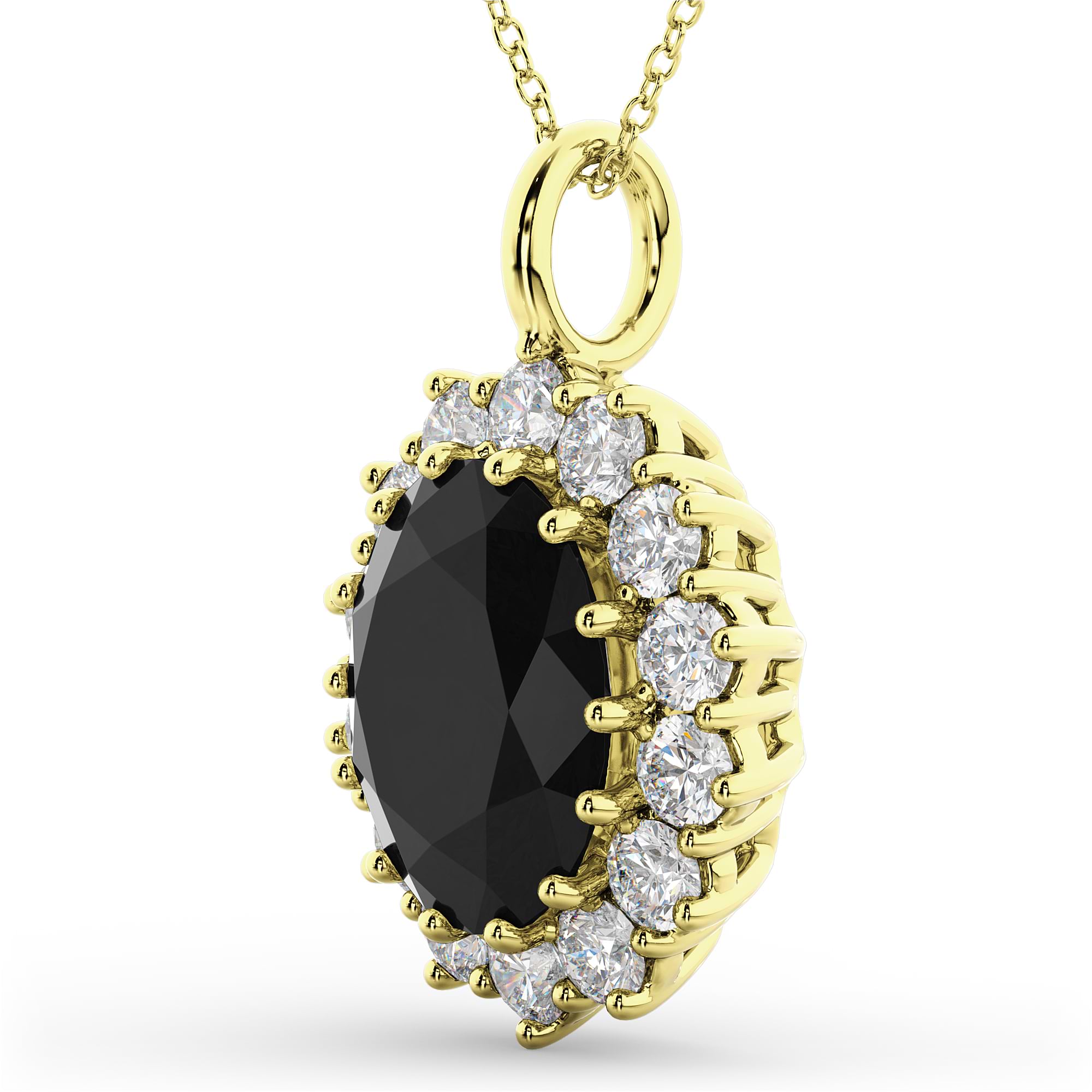 Oval Black Diamond & Diamond Halo Pendant Necklace 14k Yellow Gold (6.40ct)